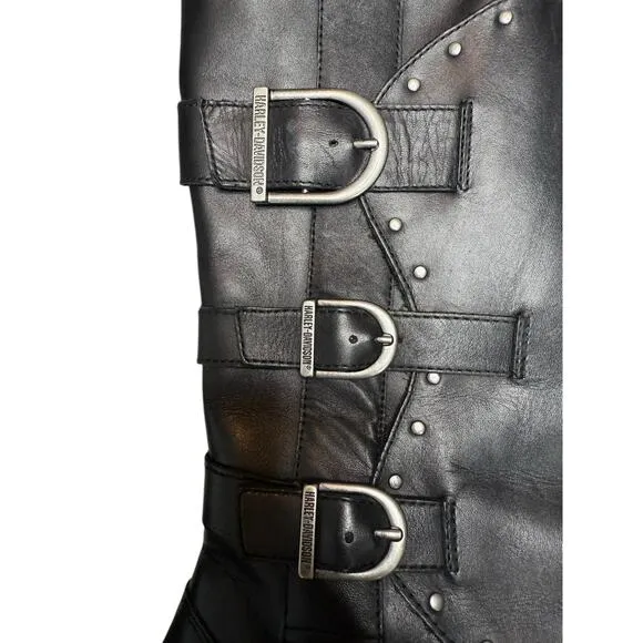 Harley Davidson Heeled Boots Women 8 Black Leather Studded Zip Up Y2K Biker