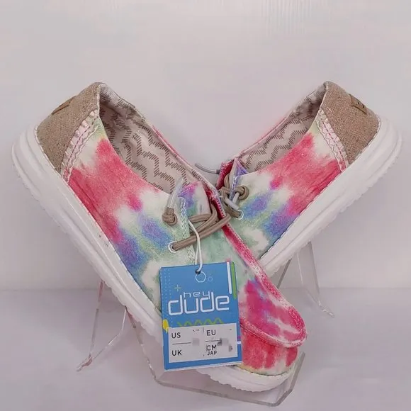 HEY DUDE 'WENDY BOHO MANDALA' TIE-DYE YOUTH LACE TRIM MOCCASIN SHOES SIZE 2