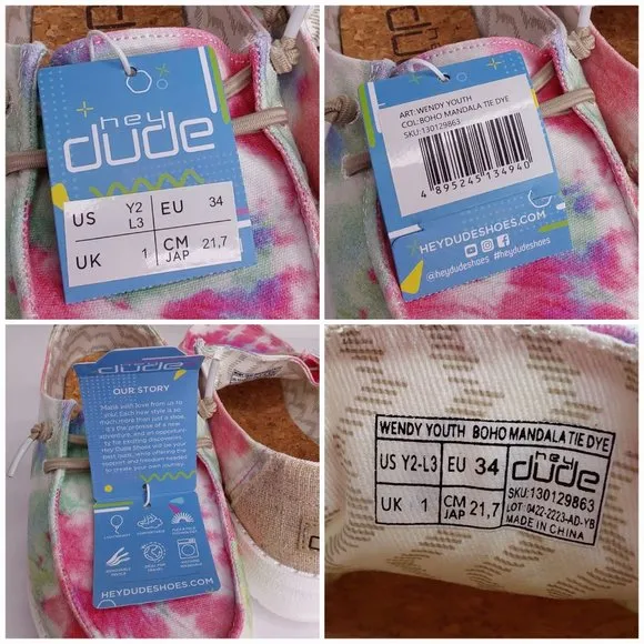 HEY DUDE 'WENDY BOHO MANDALA' TIE-DYE YOUTH LACE TRIM MOCCASIN SHOES SIZE 2
