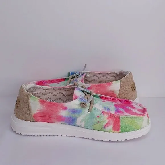 HEY DUDE 'WENDY BOHO MANDALA' TIE-DYE YOUTH LACE TRIM MOCCASIN SHOES SIZE 2