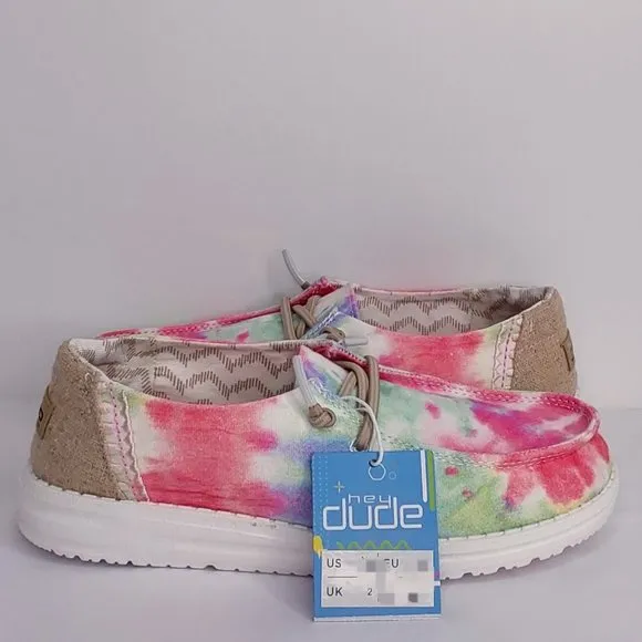 HEY DUDE 'WENDY BOHO MANDALA' TIE-DYE YOUTH LACE TRIM MOCCASIN SHOES SIZE 2