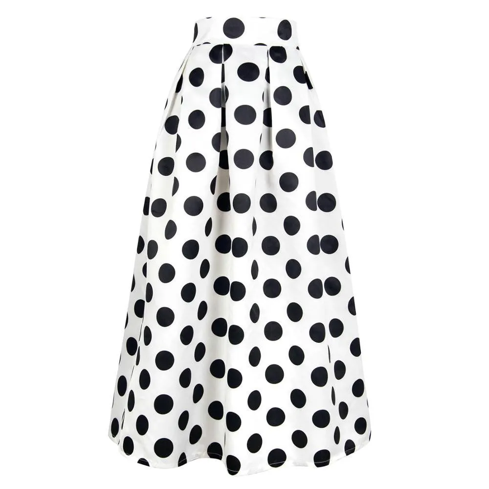 High Waist Polka Dots Print Pleated Maxi Skirt Fall Contrast Casual A Line Skater Women Clothing