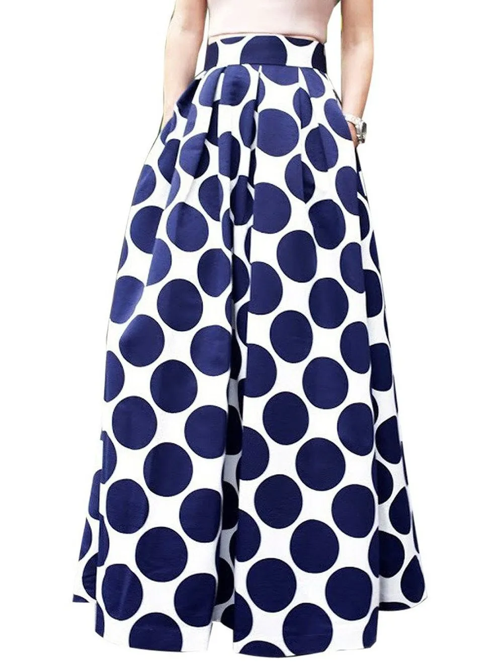 High Waist Polka Dots Print Pleated Maxi Skirt Fall Contrast Casual A Line Skater Women Clothing