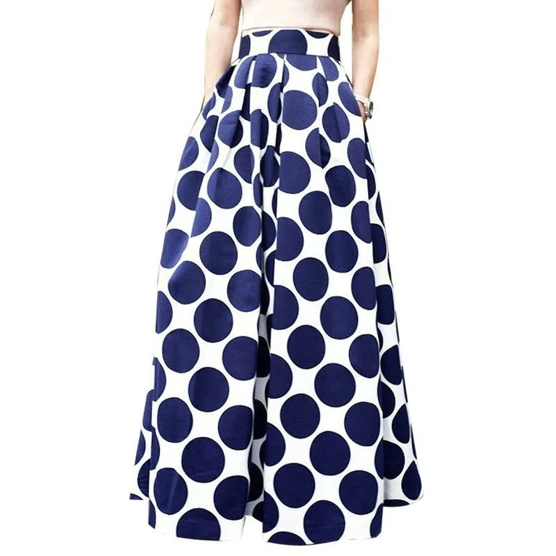 High Waist Polka Dots Print Pleated Maxi Skirt Fall Contrast Casual A Line Skater Women Clothing