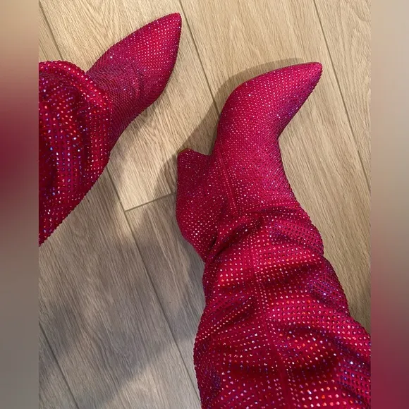 🩷Hot Pink rhinestone embellished over the knee boots