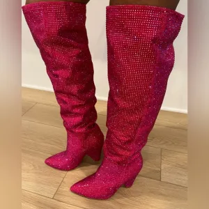 🩷Hot Pink rhinestone embellished over the knee boots