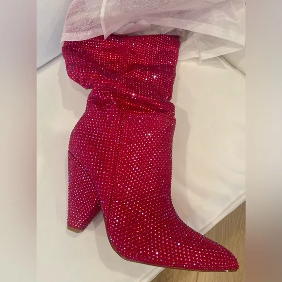 🩷Hot Pink rhinestone embellished over the knee boots