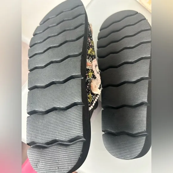 House of Harlow 1960 Black Beaded Sandals with Floral Design