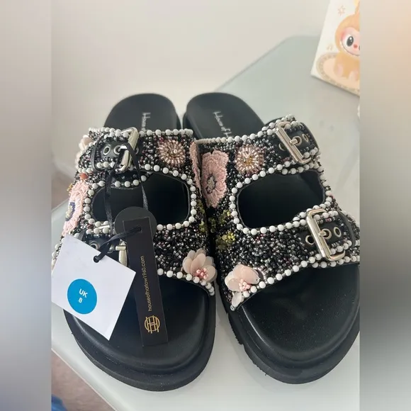 House of Harlow 1960 Black Beaded Sandals with Floral Design