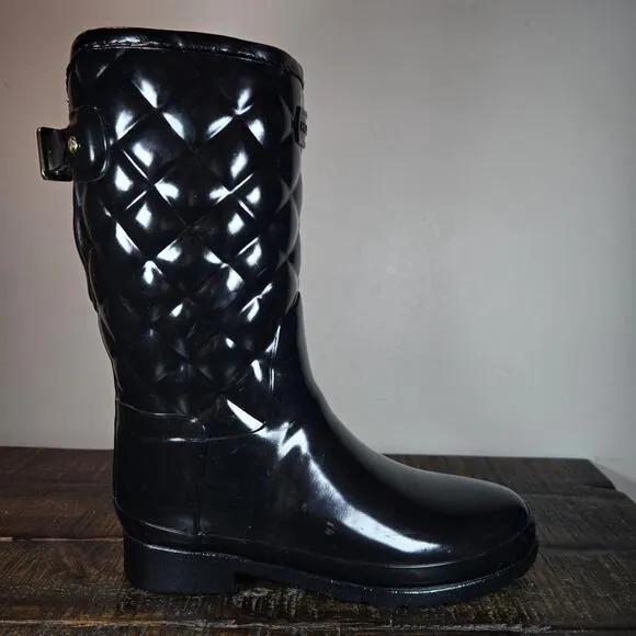 Hunter Refined Quilted Tall Rain Boots Womens Size 7 Waterproof Black Rubber