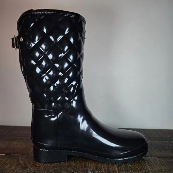 Hunter Refined Quilted Tall Rain Boots Womens Size 7 Waterproof Black Rubber