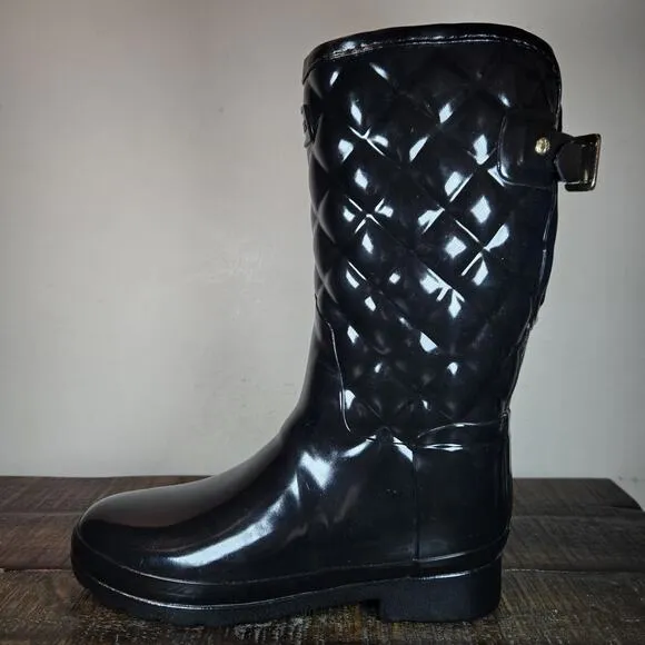 Hunter Refined Quilted Tall Rain Boots Womens Size 7 Waterproof Black Rubber
