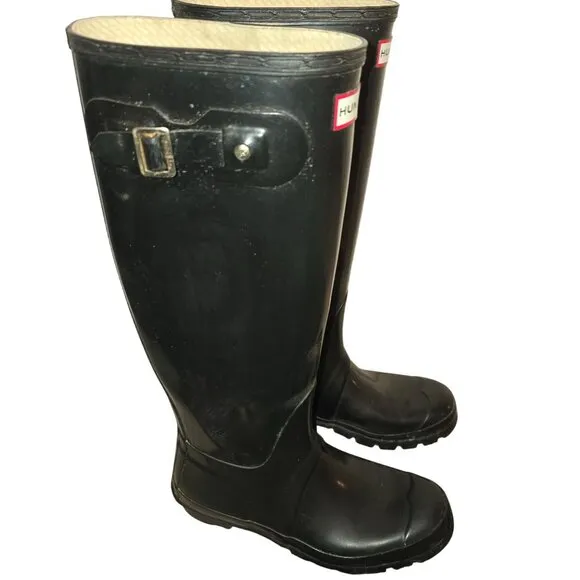 Hunter Tall Black Rubber Rain Boots Womens 8 Golashes Spring Puddles
