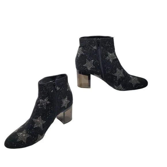 INC Floriann5 Ankle Booties 10 Black Sparkle Silver Star Chunky Heel Holiday