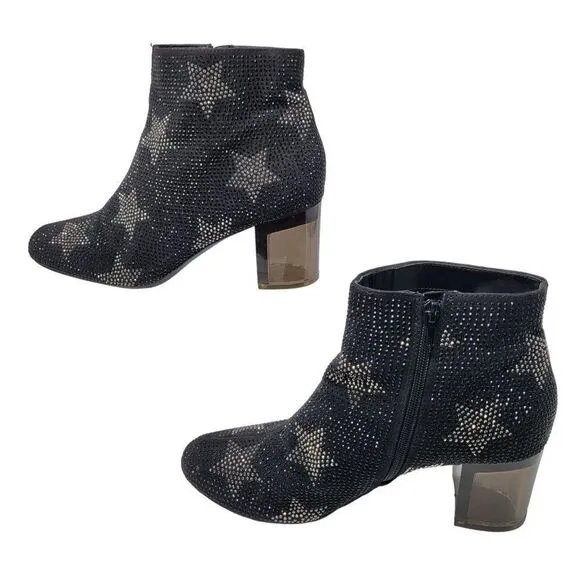 INC Floriann5 Ankle Booties 10 Black Sparkle Silver Star Chunky Heel Holiday
