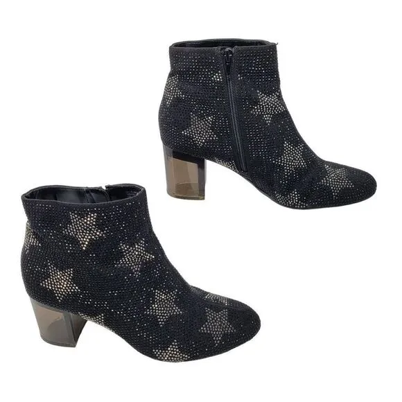 INC Floriann5 Ankle Booties 10 Black Sparkle Silver Star Chunky Heel Holiday