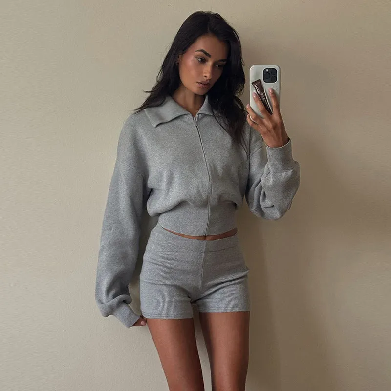 Ins Style Women's Autumn New Arrival Lapel Long-Sleeved Zipper Cardigan Sweatshirt and Ultra-Short Tight Shorts Set C-241014-4