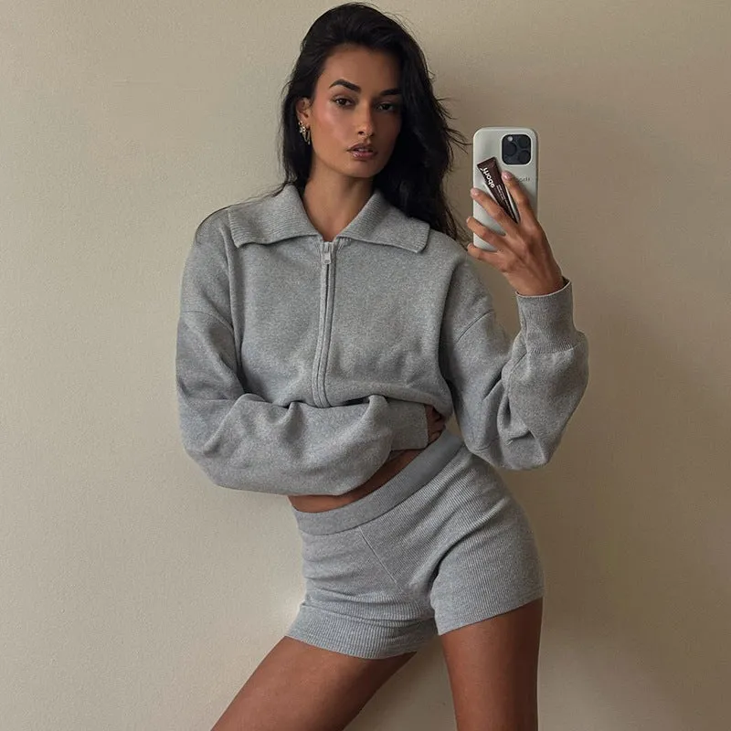Ins Style Women's Autumn New Arrival Lapel Long-Sleeved Zipper Cardigan Sweatshirt and Ultra-Short Tight Shorts Set C-241014-4