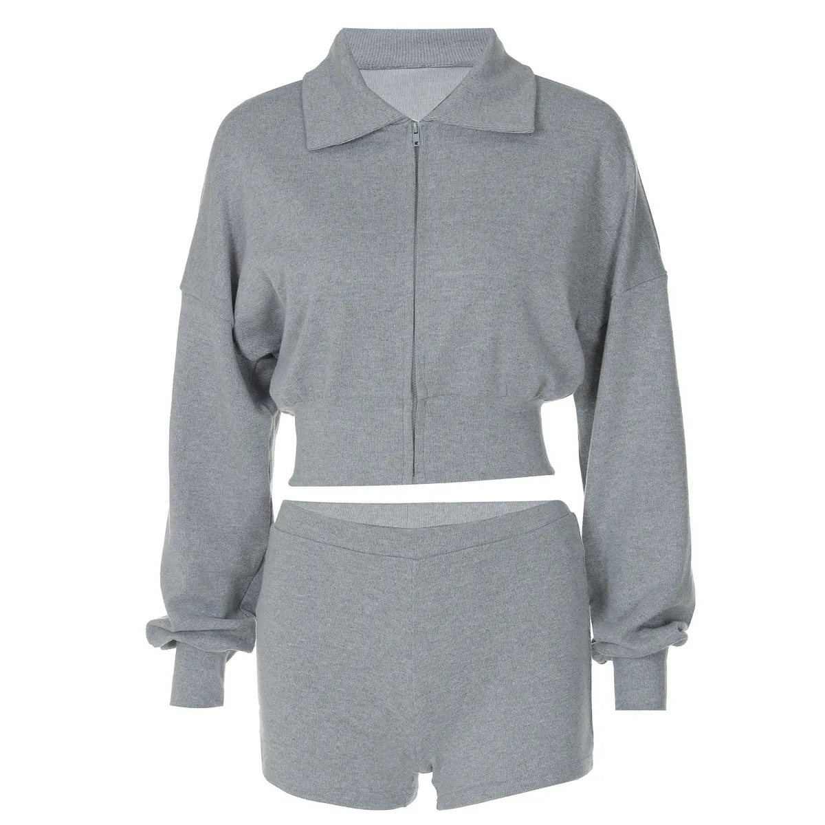 Ins Style Women's Autumn New Arrival Lapel Long-Sleeved Zipper Cardigan Sweatshirt and Ultra-Short Tight Shorts Set C-241014-4