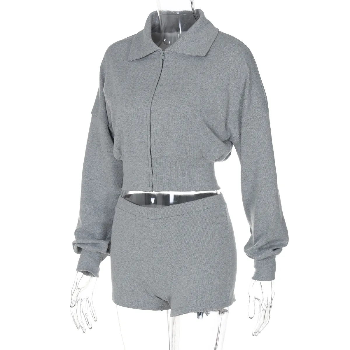 Ins Style Women's Autumn New Arrival Lapel Long-Sleeved Zipper Cardigan Sweatshirt and Ultra-Short Tight Shorts Set C-241014-4