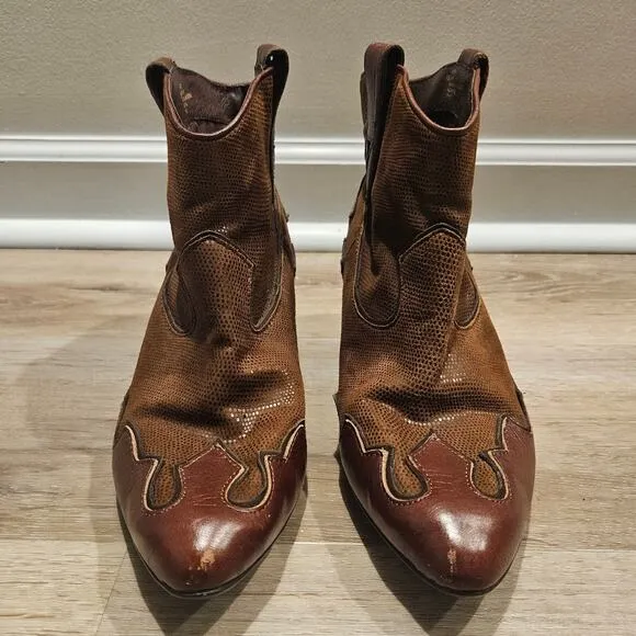 ISOLA Brown Leather Odin Western Ankle Boots sz 8.5M Festival Concert Retro