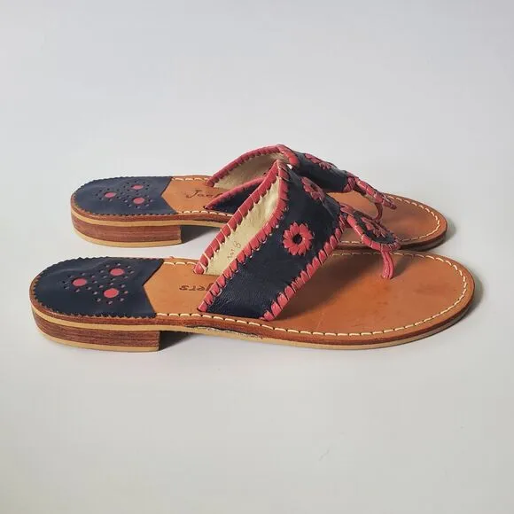 Jack Rogers USA Hamptons Leather Sandals T Strap Flat Slide On Flip Flops Boho