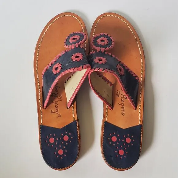 Jack Rogers USA Hamptons Leather Sandals T Strap Flat Slide On Flip Flops Boho