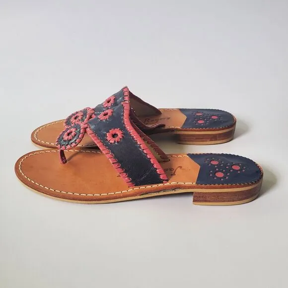 Jack Rogers USA Hamptons Leather Sandals T Strap Flat Slide On Flip Flops Boho