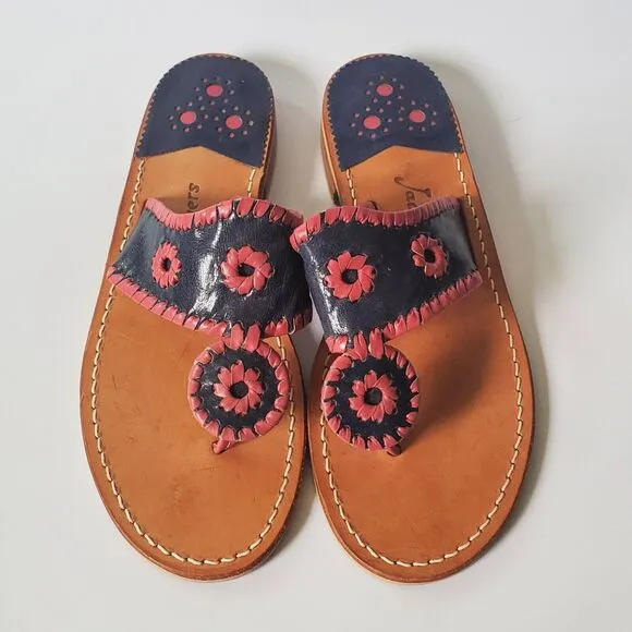 Jack Rogers USA Hamptons Leather Sandals T Strap Flat Slide On Flip Flops Boho