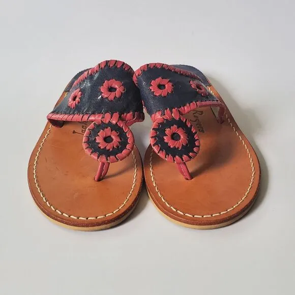 Jack Rogers USA Hamptons Leather Sandals T Strap Flat Slide On Flip Flops Boho