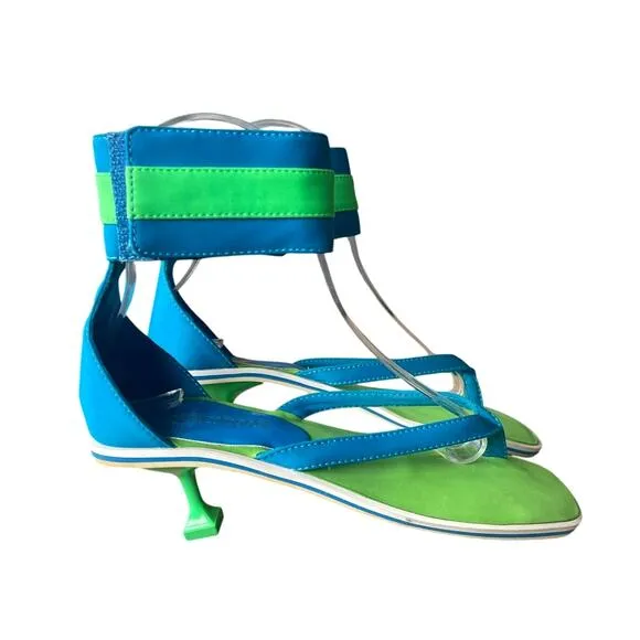 Jeffrey Campbell 5.5 Square Toe Kitten Heel Sandals Leather Flip Flop Thong Blue