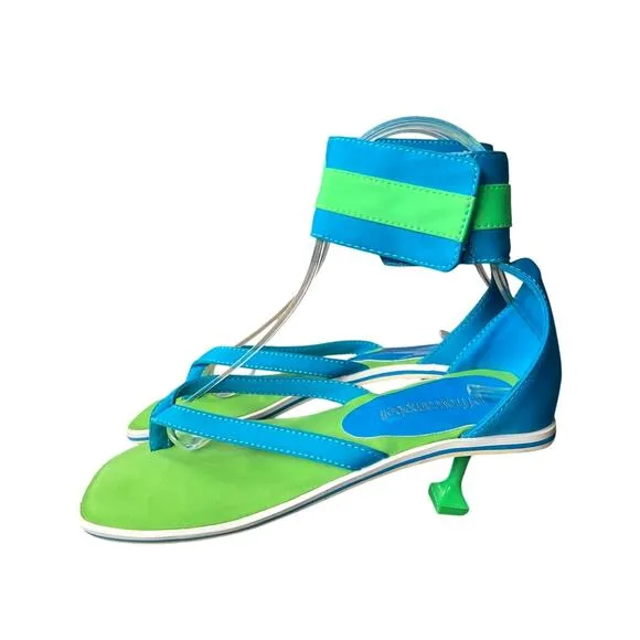 Jeffrey Campbell 5.5 Square Toe Kitten Heel Sandals Leather Flip Flop Thong Blue