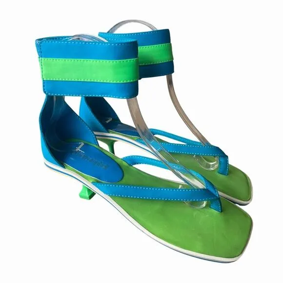 Jeffrey Campbell 5.5 Square Toe Kitten Heel Sandals Leather Flip Flop Thong Blue