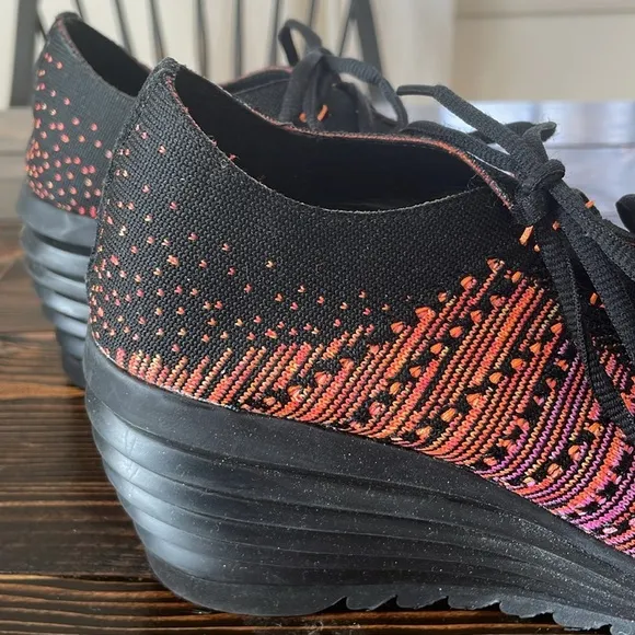 Jeffrey Campbell Inferma Black Pink Neon Knit Sneakers Wedge High-Performance