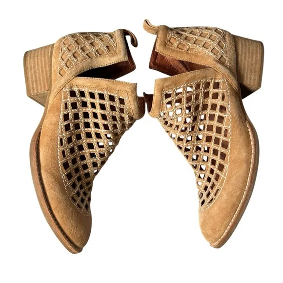 Jeffrey Campbell Taggart Open Weave Leather Ankle Booties Womens Tan Size 7.5
