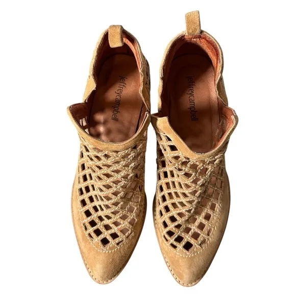 Jeffrey Campbell Taggart Open Weave Leather Ankle Booties Womens Tan Size 7.5