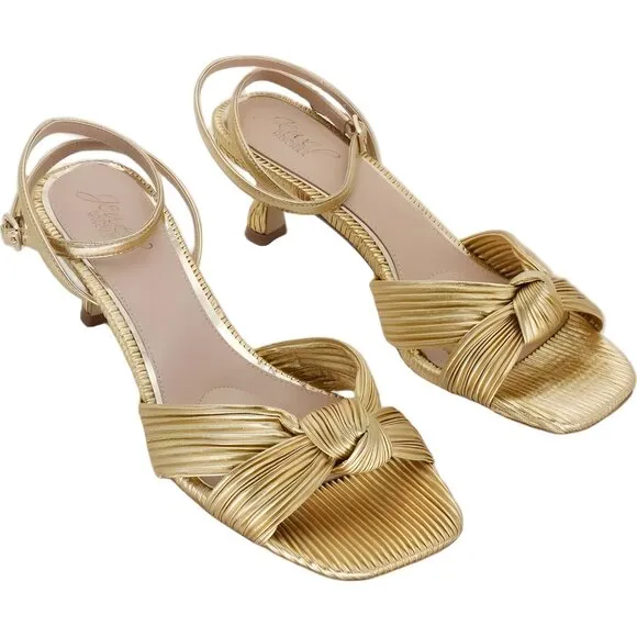 Jewel Badgley Mischka Kitten Heel Sandal Gold Fabric Size 9M