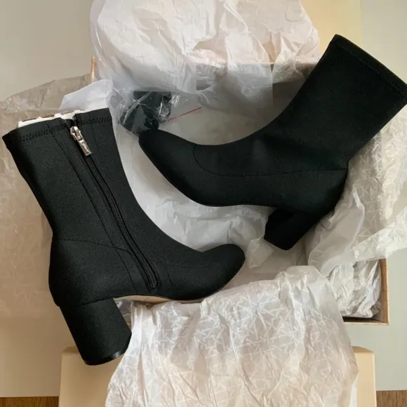 Jewel Badgley Rena Shimmer Black Booties Block Heel Sock Evening Boots Pump 7.5