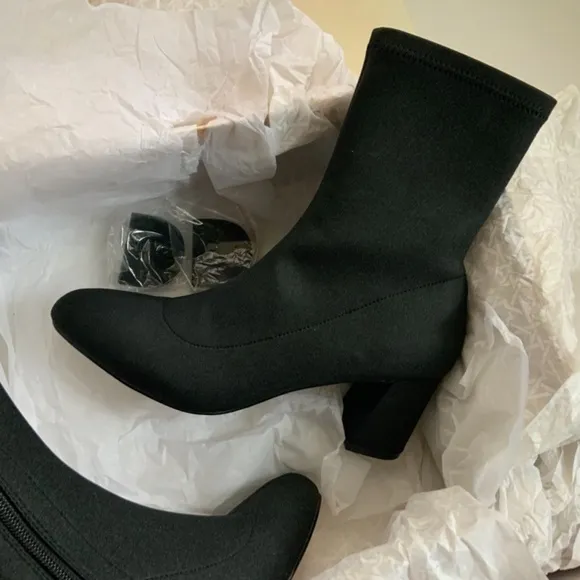 Jewel Badgley Rena Shimmer Black Booties Block Heel Sock Evening Boots Pump 7.5