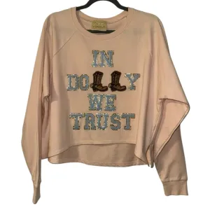 Judith March In Dolly We Trust Graphic Sweatshirt Pullover Cowboys Boots Medium