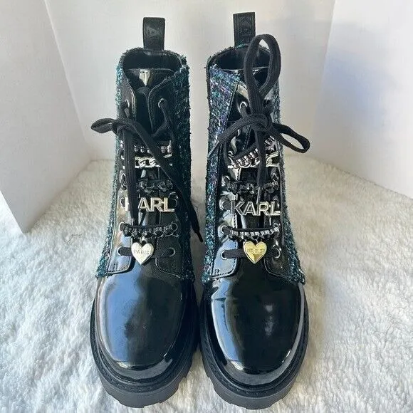 Karl Lagerfeld Paris Boots Mela Embellished Combat Tweed Lace Up Ankle NWT Sz 8