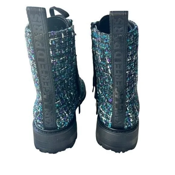 Karl Lagerfeld Paris Boots Mela Embellished Combat Tweed Lace Up Ankle NWT Sz 8