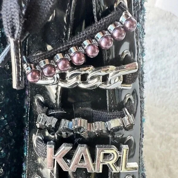 Karl Lagerfeld Paris Boots Mela Embellished Combat Tweed Lace Up Ankle NWT Sz 8
