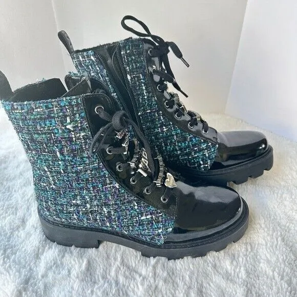 Karl Lagerfeld Paris Boots Mela Embellished Combat Tweed Lace Up Ankle NWT Sz 8