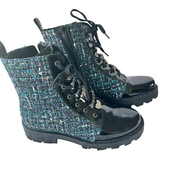 Karl Lagerfeld Paris Boots Mela Embellished Combat Tweed Lace Up Ankle NWT Sz 8