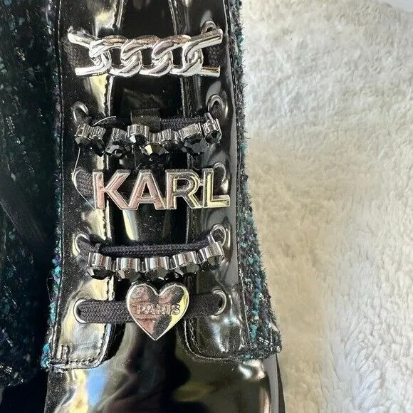 Karl Lagerfeld Paris Boots Mela Embellished Combat Tweed Lace Up Ankle NWT Sz 8