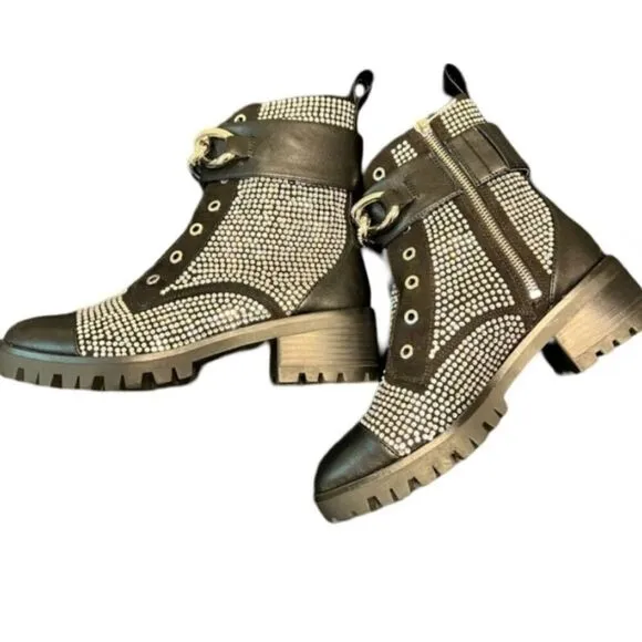 Karl Lagerfeld Pepper Embellished Combat Boots | Size 7.5 | Edgy Glam