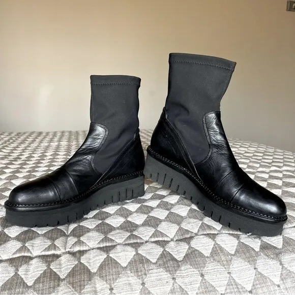 Karolyn’s Henke Black Leather &amp; Nylon Sock Moto Boot Women's US 7.5 Goth Grunge