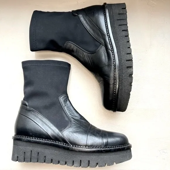 Karolyn’s Henke Black Leather &amp; Nylon Sock Moto Boot Women's US 7.5 Goth Grunge