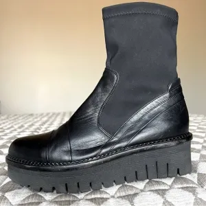 Karolyn’s Henke Black Leather &amp; Nylon Sock Moto Boot Women's US 7.5 Goth Grunge